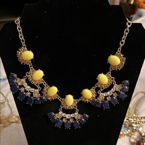 Statement Bib Necklace with Yellow, Navy & Crystal Accents